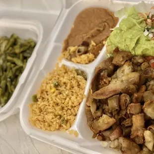 a meal in a styrofoam container