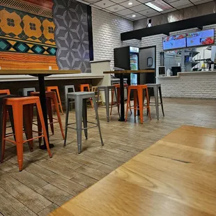 tables and stools in a restaurant