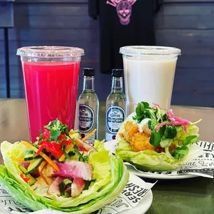 Tacos in lettuce cups. Left-tuna right- shrimp. Horchata and agua fresca. So good!