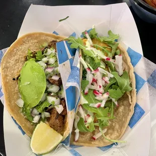 (L-R) Carne Asada and Camarones tacos