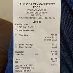 Receipt for 2 burritos