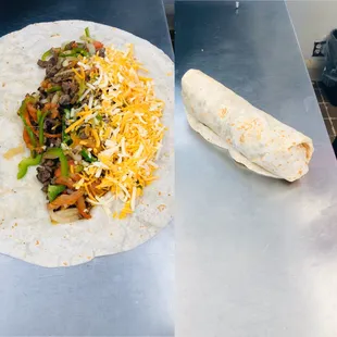 Steak Fajita Burrito Served With Onion,Tomato,Green Bell  Peppers And Cheese. Steak Can Be Substituted For Grilled Chicken