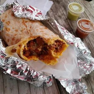 Breakfast Burrito add Pastor and Queso