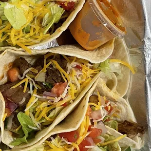 Three Tacos - Beef Barbacoa, Steak Taco, BBQ Chicken Taco + spicy sauce