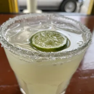 Lime margarita on the rocks with salt.