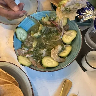 Aquachile for appatizer  and Ceviche and one order of Patron Taco and Gaucho Taco and beer and habiscus water