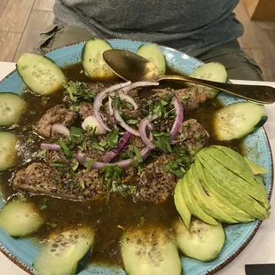 Beef tips is citrus crunchy sauce