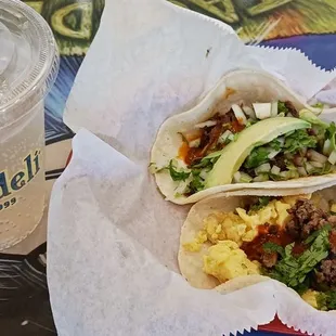 Maine Root Ginger brew + Lemon/ Lime soda and my two awesome tacos. Akaushi Picadillo &amp; Eggs and Sabrosita Barbacoa.