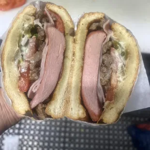 a hand holding a sandwich