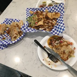 Chicken quesadilla, chicken nachos, &amp; pastor tacos.