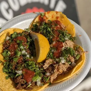 a person holding a plate of tacos