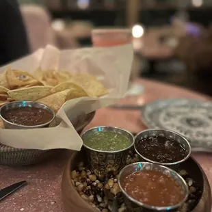 Chips and assorted salsas