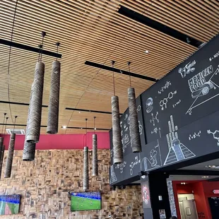 ows a chalkboard with drawings on it