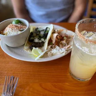 Street corn, Royal taco, and bangin shrimp taco