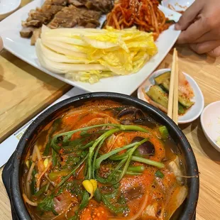 Korea Spicy Seafood Soup and steamed pork belly