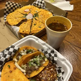 4 tacos special, birria pizadilla with comsome
