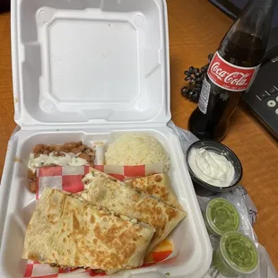 Chicken quesadilla with rice and beans