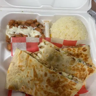 Chicken quesadilla with rice and beans
