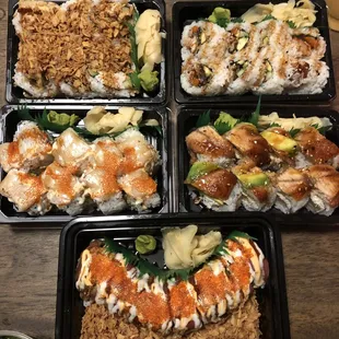 TL: Spider Roll
 TR: Unagi Roll
 BL: White Tiger Roll
 BR: Ultimate Dragon Roll
 Bottom: Seahawks roll