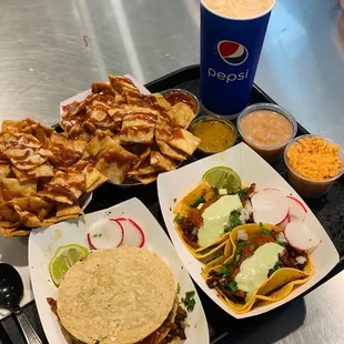 Adobada Taco Combo w/ Horchata, Asada Abodaba Mulita, and 2 orders of Bunuelos