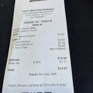 a receipt for a restaurant