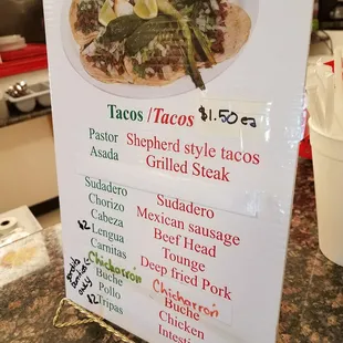 a menu for a taco restaurant