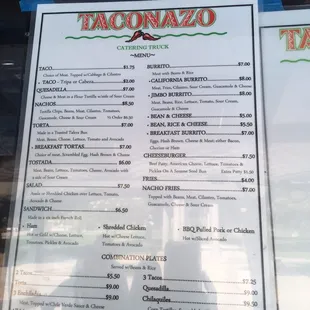 Updated menu as of August 2019