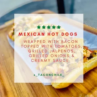 mexican hot dogs wrapped with tomatoes, grilled jalapenos, and creamy sauce