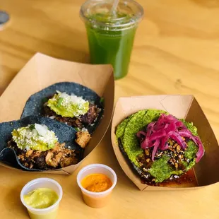 Cucumber agua, avocado tostadas, and chicken and brisket tacos