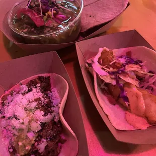 Suadero Taco, Baja Fish Taco and Aguachile
