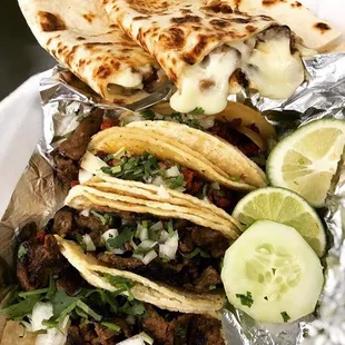 Cecina and Chorizo tacos and Cecina quesadilla