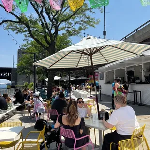 a group of people sitting at tables under umbrellas