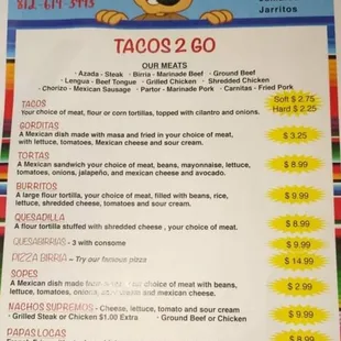 a menu for tacos 2go