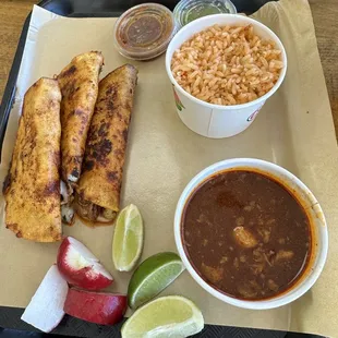 Birria tacos, rice, and bouillon.