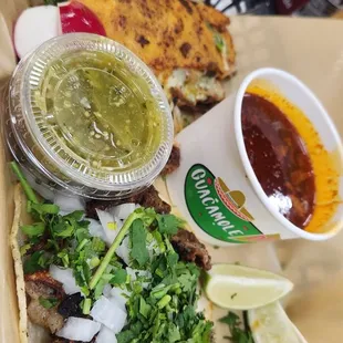 Quesabirria,  consome, taco de tripas