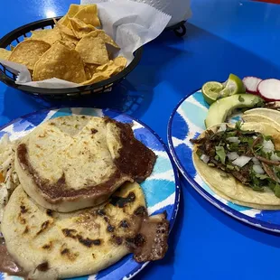 Pupusas (bean and cheese) Bag of Chips (free tortilla chips) Street Taco (brisket)