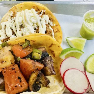 Chicken Taco de Tinga (Chipotle Chicken) and Taco de Hongos (Mushroom)