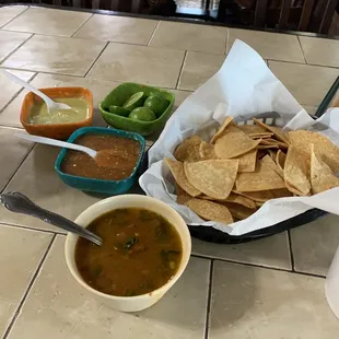 Chips and salsa and charro beans