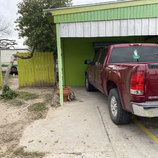 a pickup truck parked in a garage