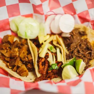 Tacos with your choice meat (Grilled Beef, Pork, Chicken, Mexican Sausage, Beef Stew, Beef Tongue)