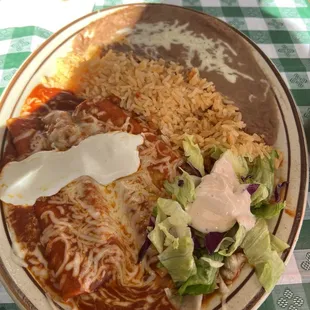 Cheese enchiladas. Delicious rice and beans