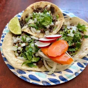 2 Carne Asada tacos &amp; 1 Cabeza taco on homemade tortillas