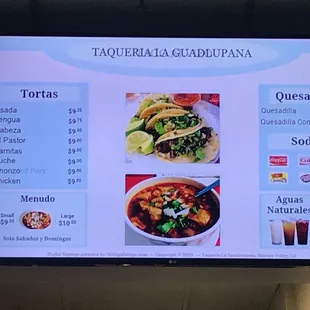 a menu on a large screen