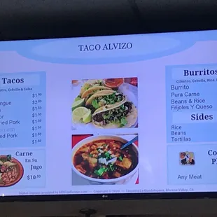 menu, tacos