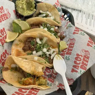 Birra and bistec tacos w/ guacamole