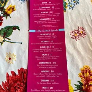 Cocktail menu