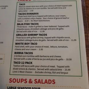 Taco menu