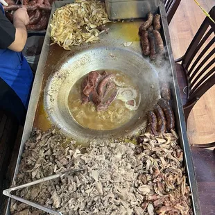 Liver, chorizo and other assorted meats.