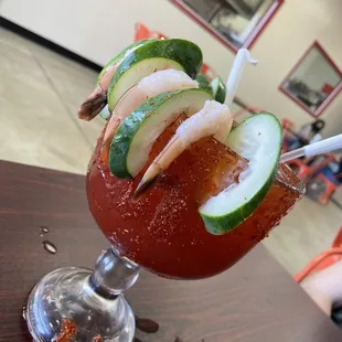 Michelada with Shrimp and Cucumber