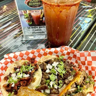 Pastor, Cali taco de asada &amp; Taco Dorado de Birria &amp; Michelada to wash it all down